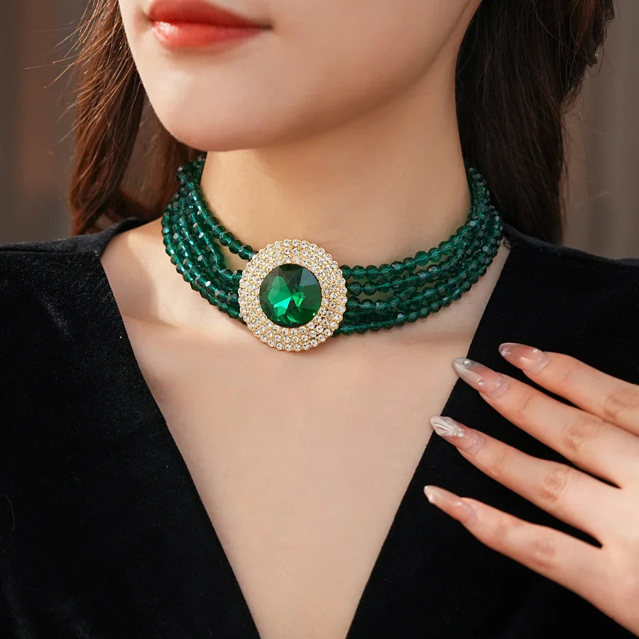 Inlaid Rhinestone Glass Round Green Jewelry Sets for Women Necklace Emerald Light Luxury Collarbone Chain Earrings Set Wedding