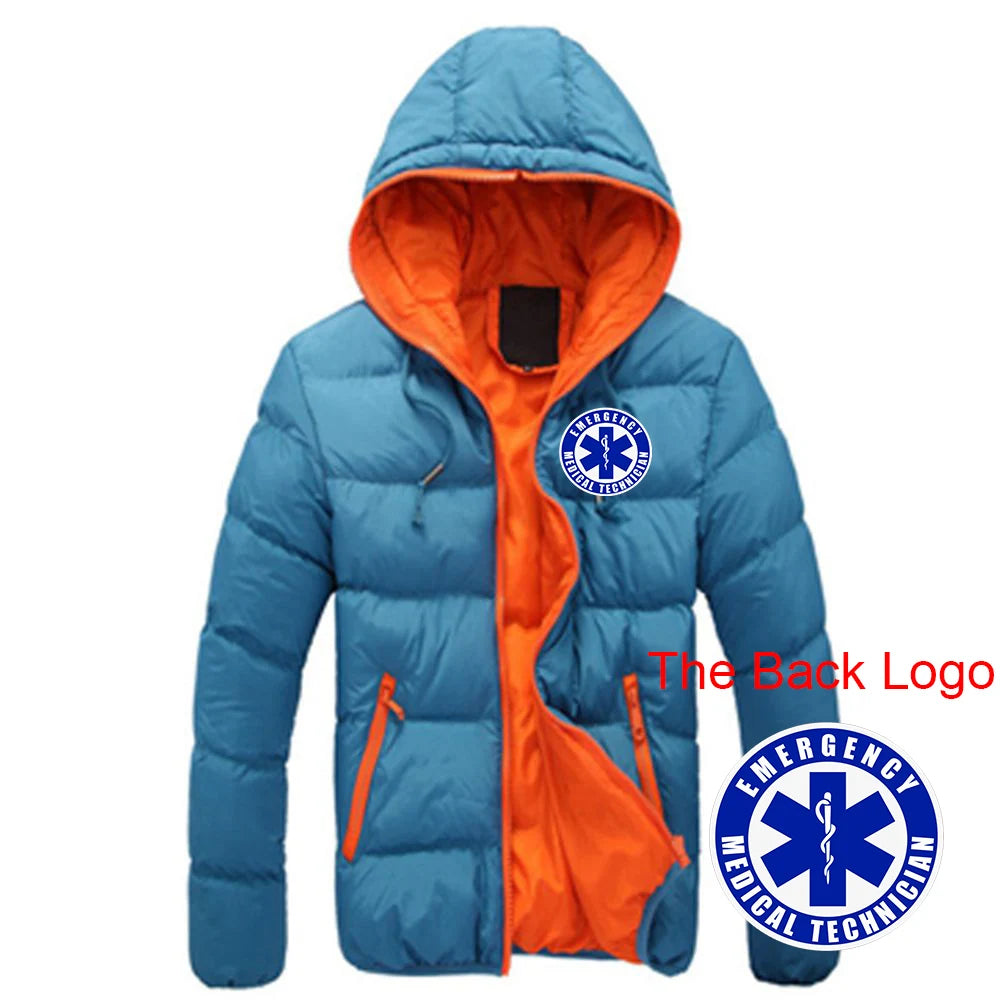 2025 Autumn Winter EMT Emergency Ambulance Print Contrast Color Design Cotton Jacket Men Casual Hooded Cold Prevention Down Coat