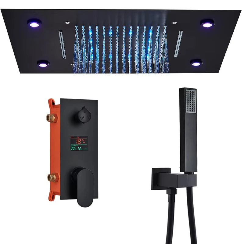 Black Thermostatic Bathroom Shower Faucet Set Remote LED Rainfall Head Faucets Crane 3 Way Concealed Embedded Hot Cold Mixer Tap