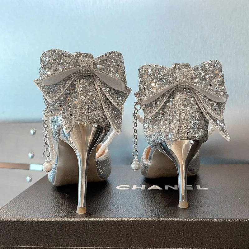 French new pointy shallow mouth temperament elegant sequin bow high heels women&