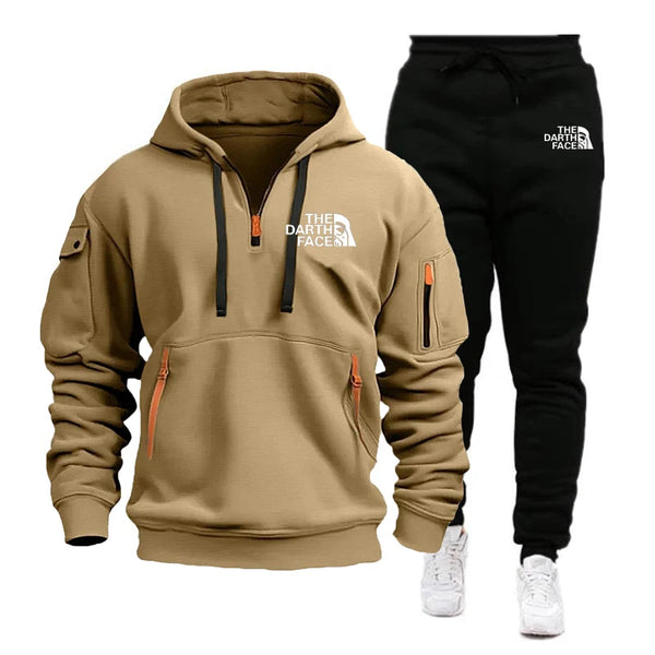Men's fashion casual striped semi-zipper pocket hoodie, men's hoodie + printed jogging pants two-piece men's sportswear set