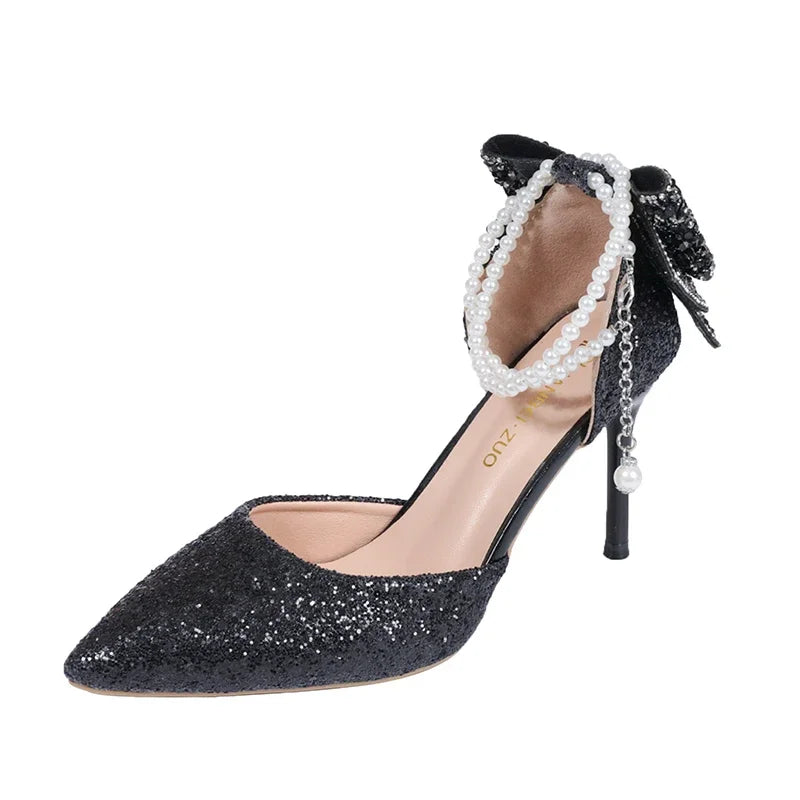 French new pointy shallow mouth temperament elegant sequin bow high heels women&