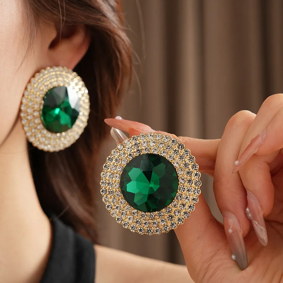 Inlaid Rhinestone Glass Round Green Jewelry Sets for Women Necklace Emerald Light Luxury Collarbone Chain Earrings Set Wedding