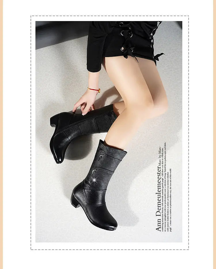 Women Mid-calf Boots Wedge-heeled Soft Leather Mother Shoes Winter Velvet Snow Women Boots Side Zipper Thick Heeled Punk Boots