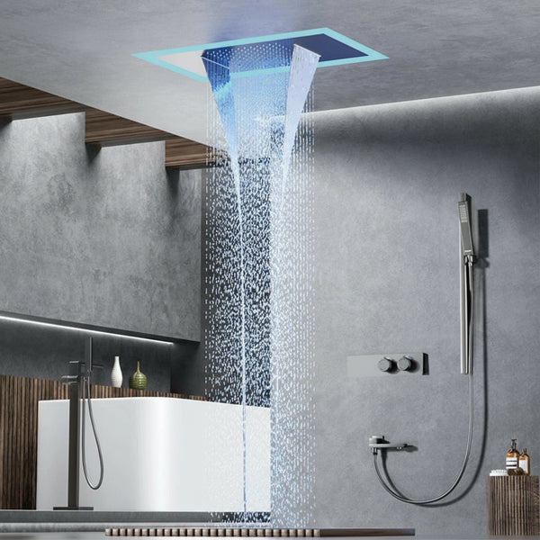 Luxury brass gun gray ceiling constant temperature shower system LED digital display hot and cold water embedded bathroom faucet