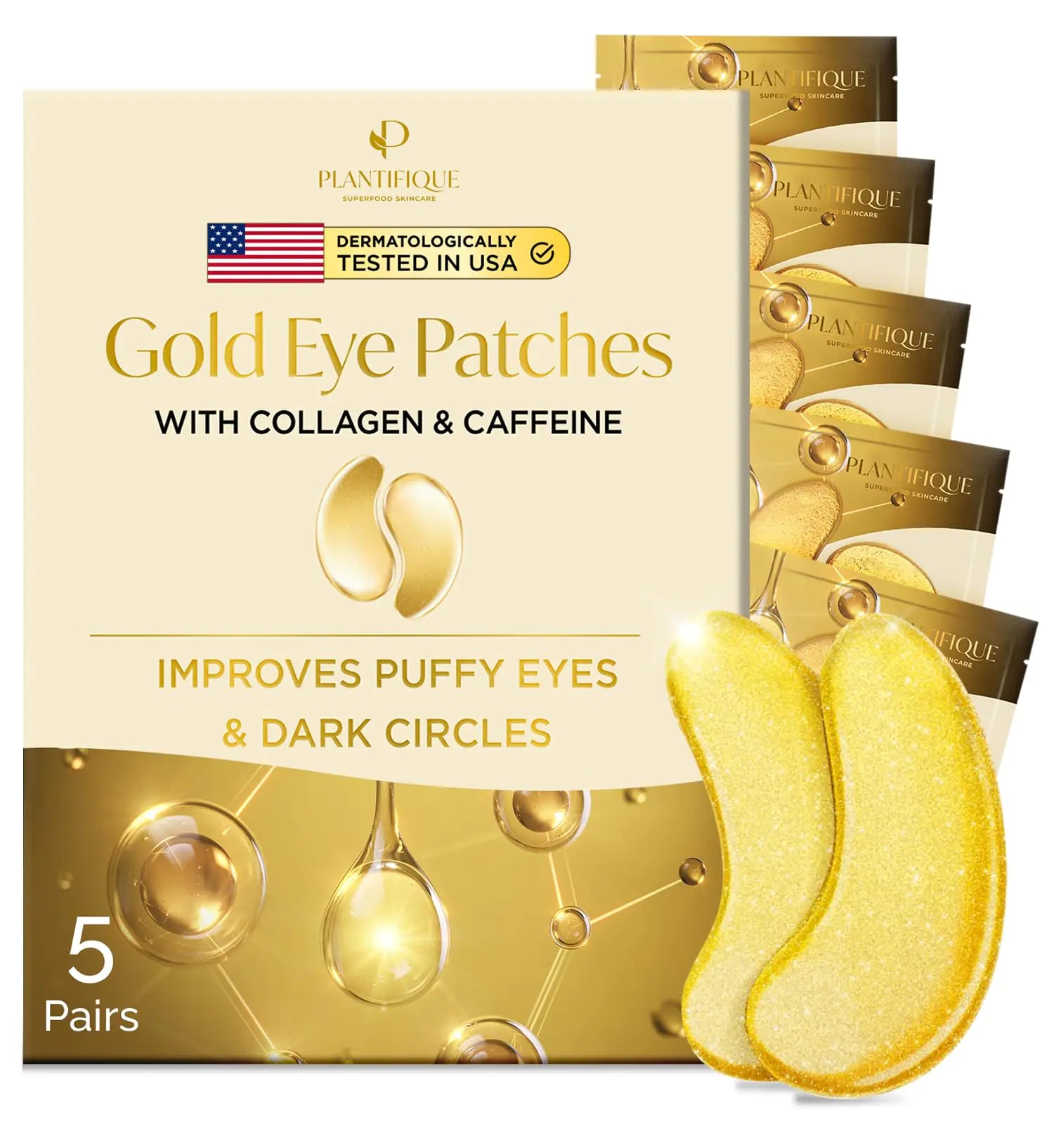 PLANTIFIQUE Gold Under Eye Patches for Puffy Eyes and Dark Circles 5 Pairs Under Eye Masks for Dark Circles and Puffiness Eye Gels with Collagen & Caffeine Eye Patches Gold Eye Mask Skincare