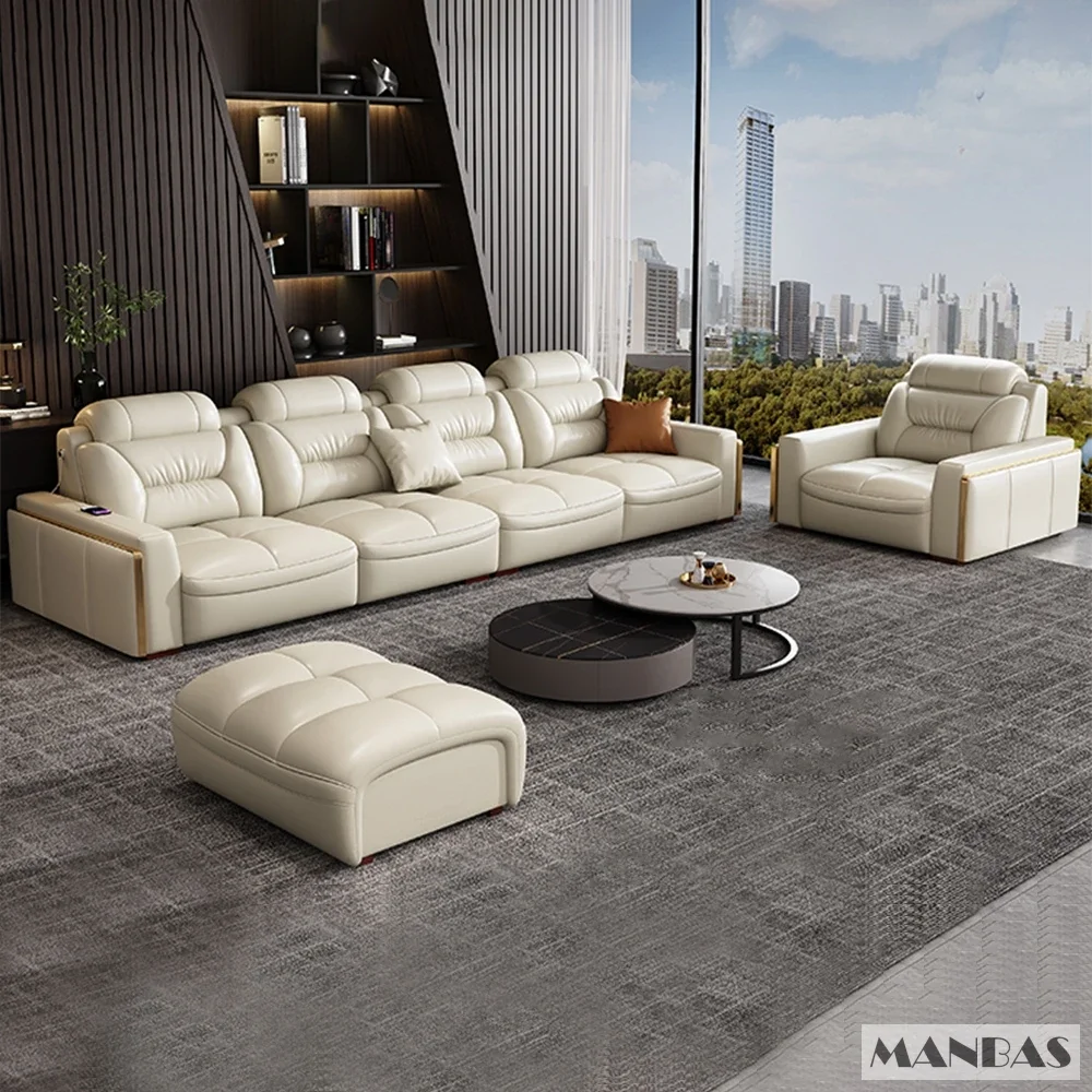 Italian Leather Sectional Sofa with USB & Bluetooth Speaker for Living Room