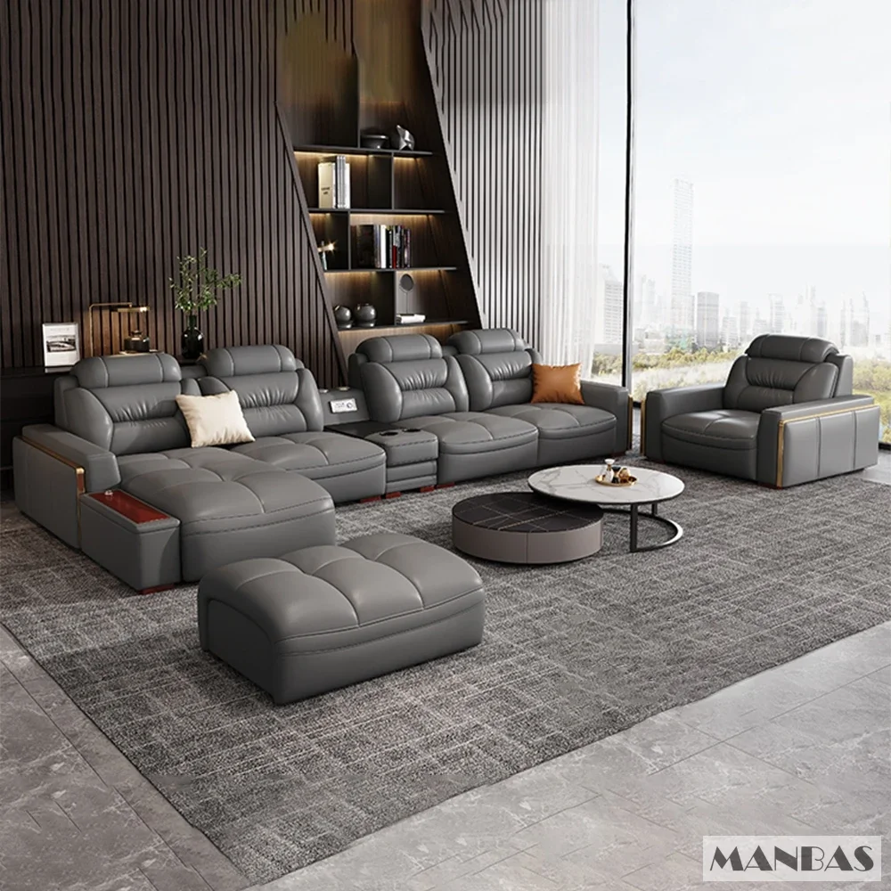 Italian Leather Sectional Sofa with USB & Bluetooth Speaker for Living Room