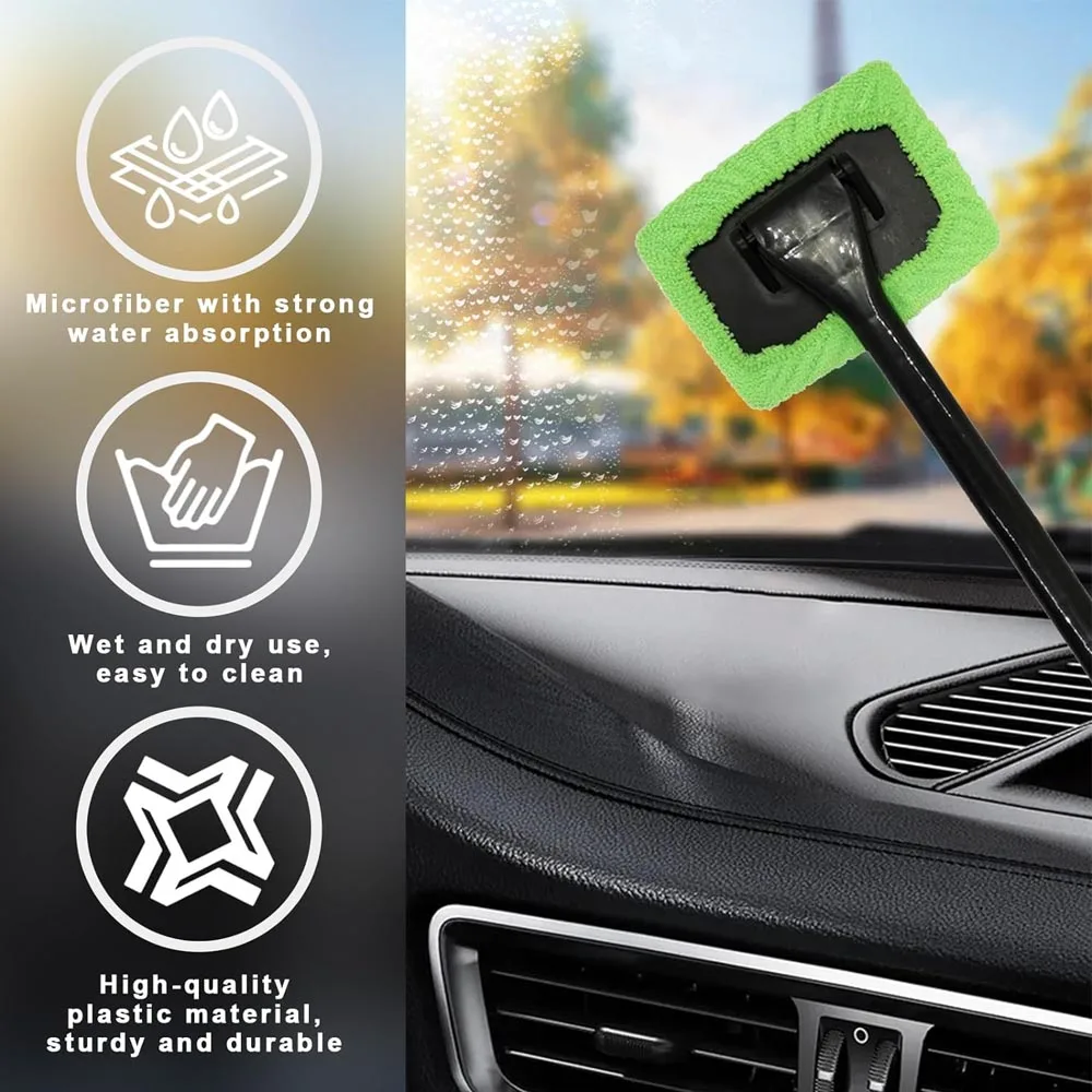 Microfiber Car Window Cleaner Brush Kit with Long Handle and Reusable Cloth Pad