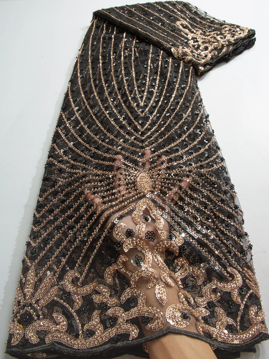 Premium African Tulle Lace Fabric with Bead Sequins for Dressmaking F3737