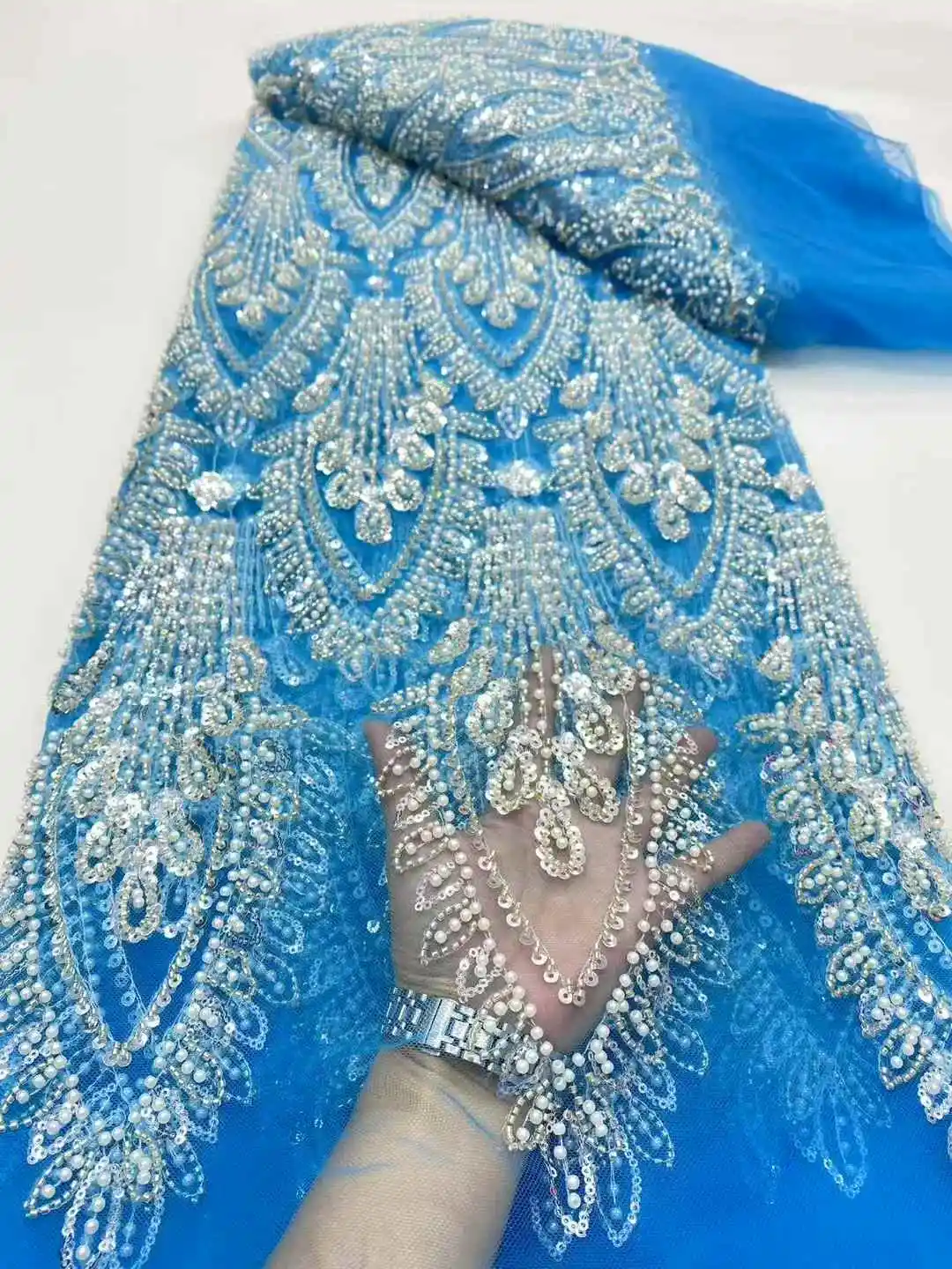 Elegant Handmade Beaded African Lace Fabric with Sequins for Bridal 2025
