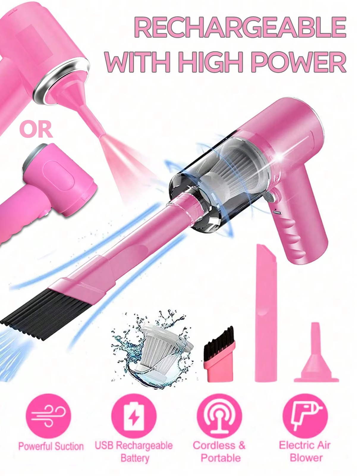 USB Rechargeable 3-in-1 Vacuum Cleaner for Home and Car with Suction and Blowing