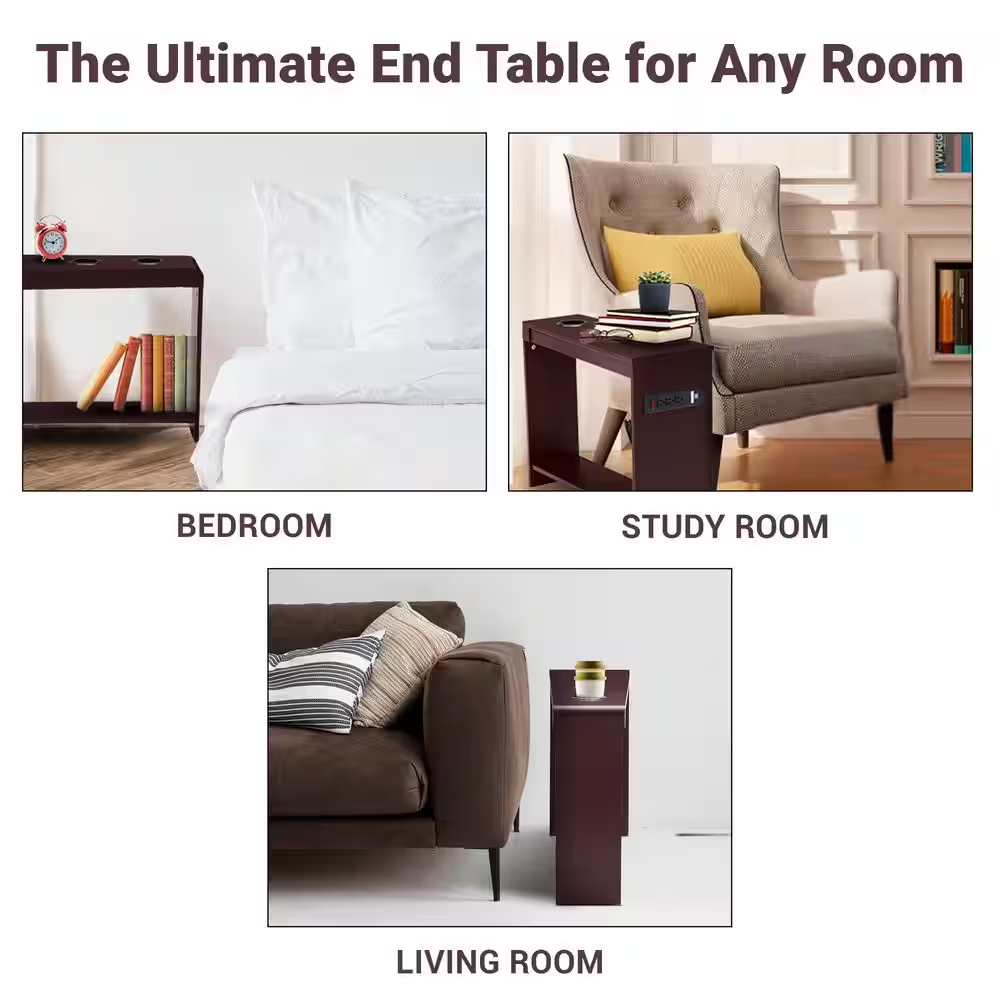 11 In. Cherry Rectangle Wood End Table with USB Ports and Outlets