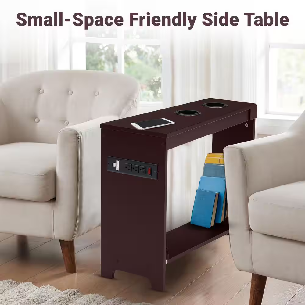 11 In. Cherry Rectangle Wood End Table with USB Ports and Outlets
