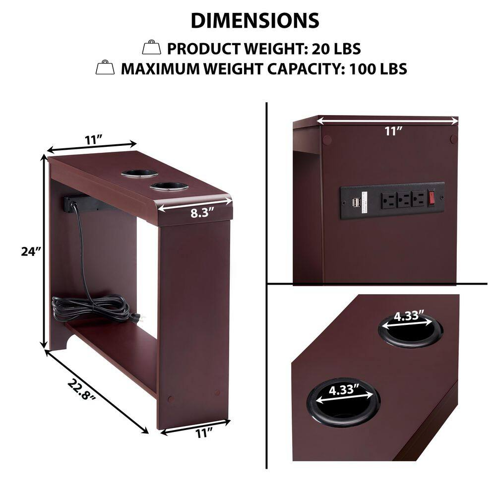 11 In. Cherry Rectangle Wood End Table with USB Ports and Outlets