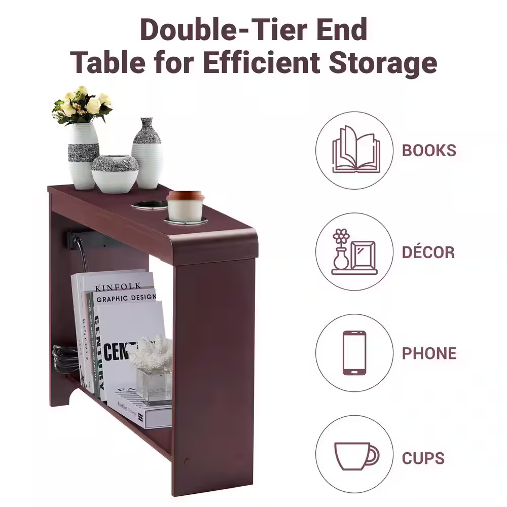 11 In. Cherry Rectangle Wood End Table with USB Ports and Outlets