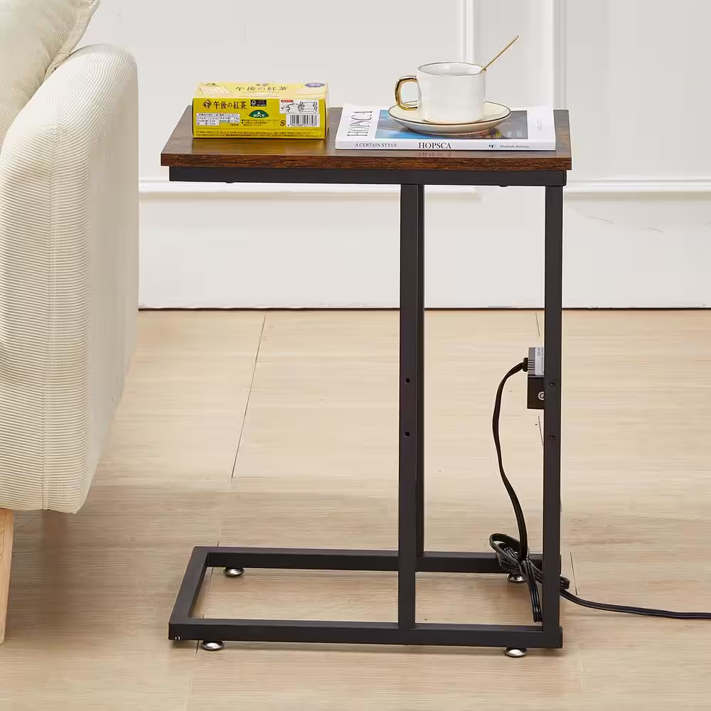 11 In. W. Brown C-Shaped End Side Couch Table Snack Style for Living Room, Sofa,