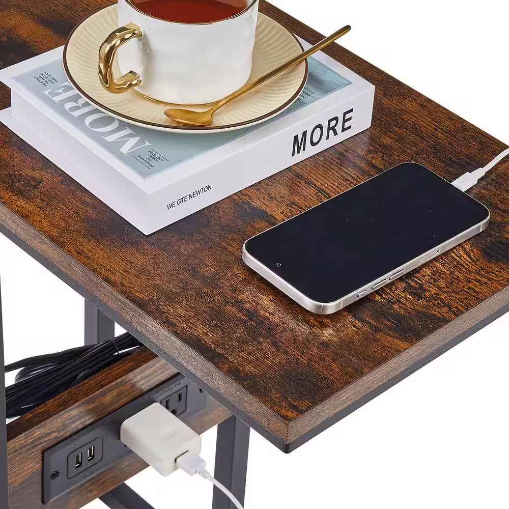 11 In. W. Brown C-Shaped End Side Couch Table Snack Style for Living Room, Sofa,