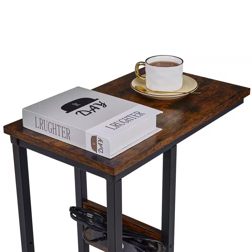 11 In. W. Brown C-Shaped End Side Couch Table Snack Style for Living Room, Sofa,