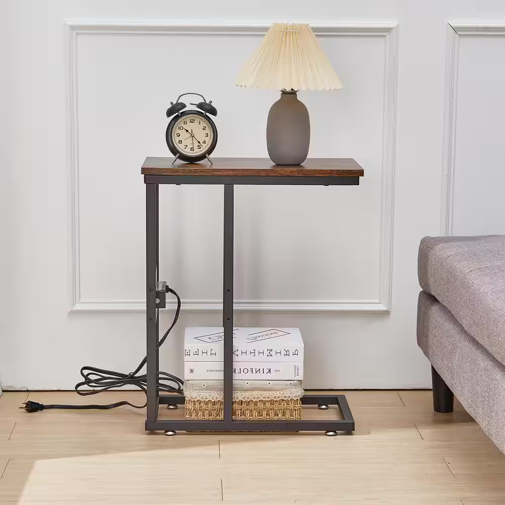 11 In. W. Brown C-Shaped End Side Couch Table Snack Style for Living Room, Sofa,