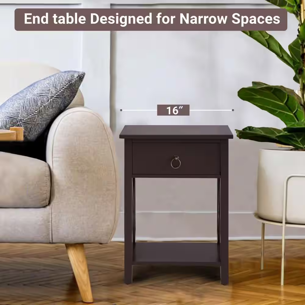 16 In. Espresso Narrow Wood End Table with Drawer and Shelf-Compact Side Table f