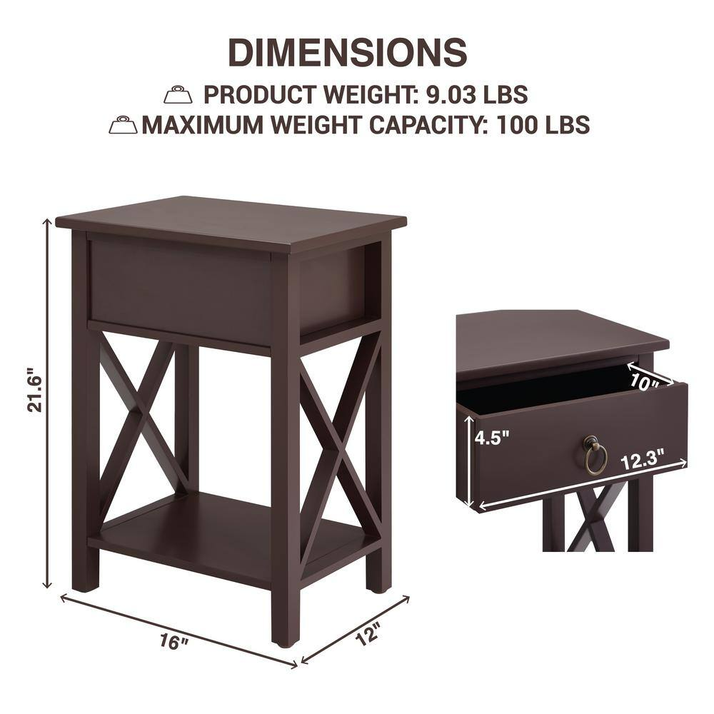 16 In. Espresso Narrow Wood End Table with Drawer and Shelf-Compact Side Table f