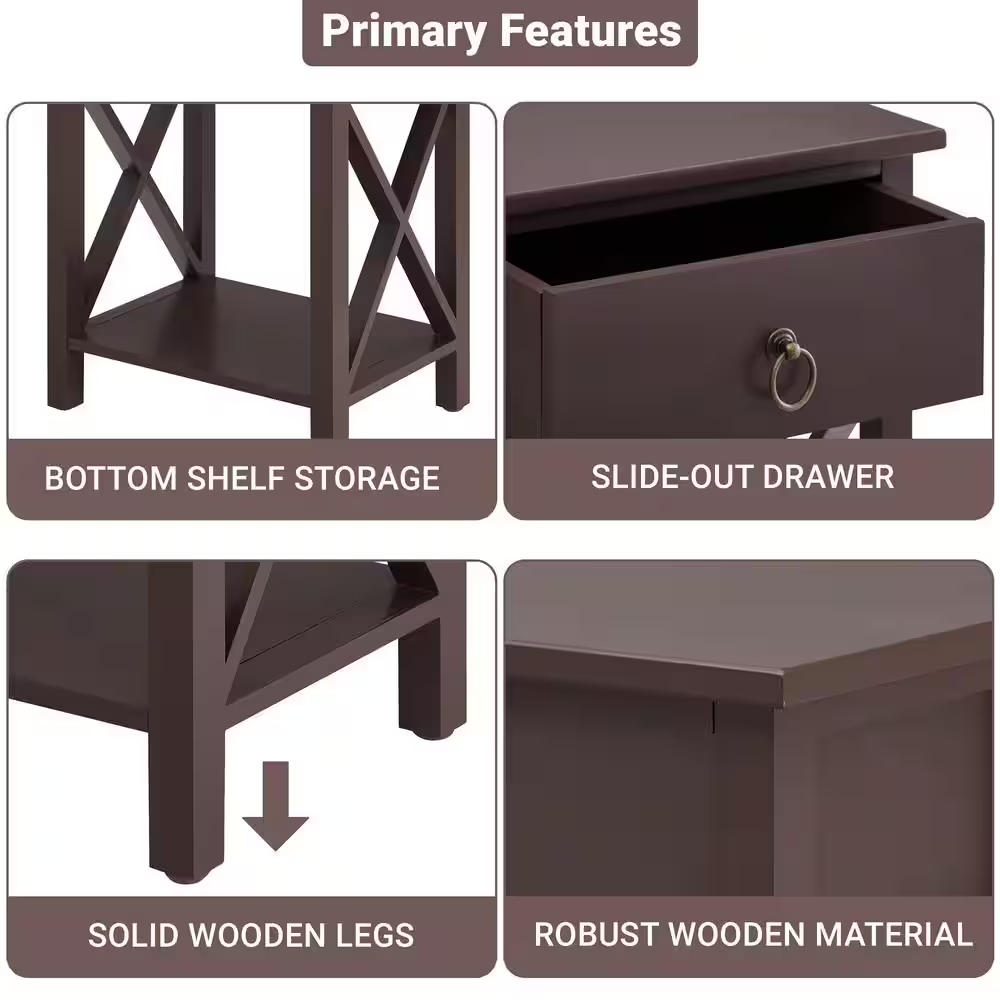 16 In. Espresso Narrow Wood End Table with Drawer and Shelf-Compact Side Table f