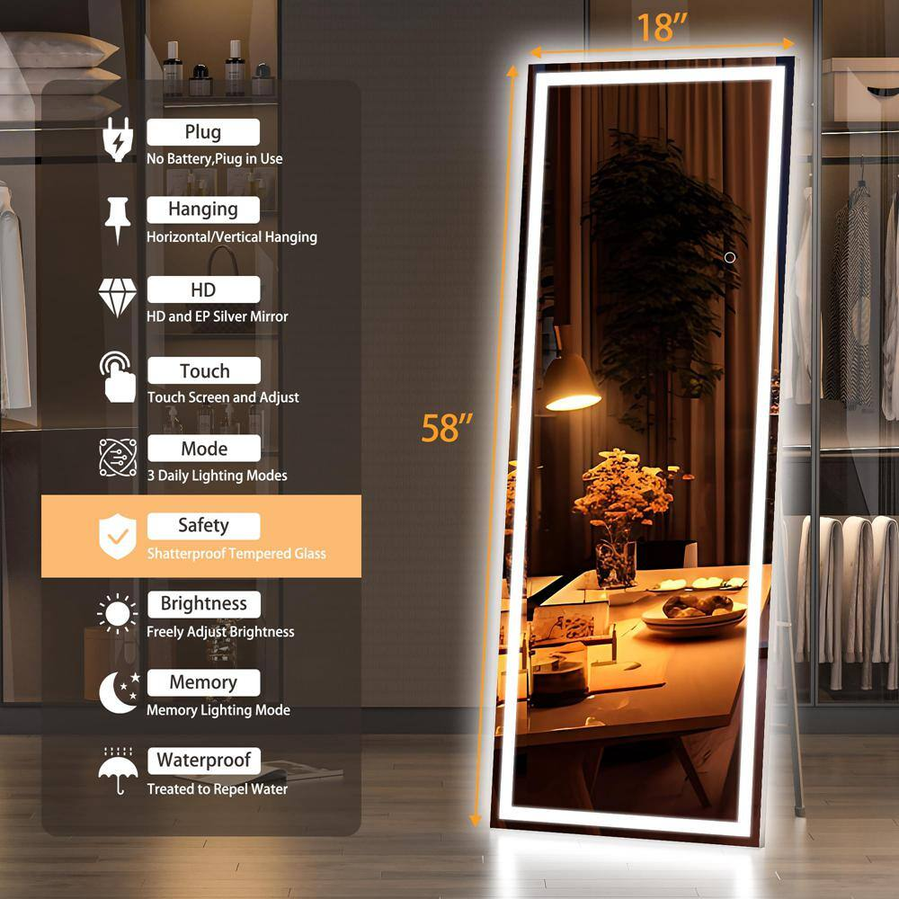 18 In. W X 58 In. H Square Black LED Lighted Floor Standing Mirror, Full Body Dr