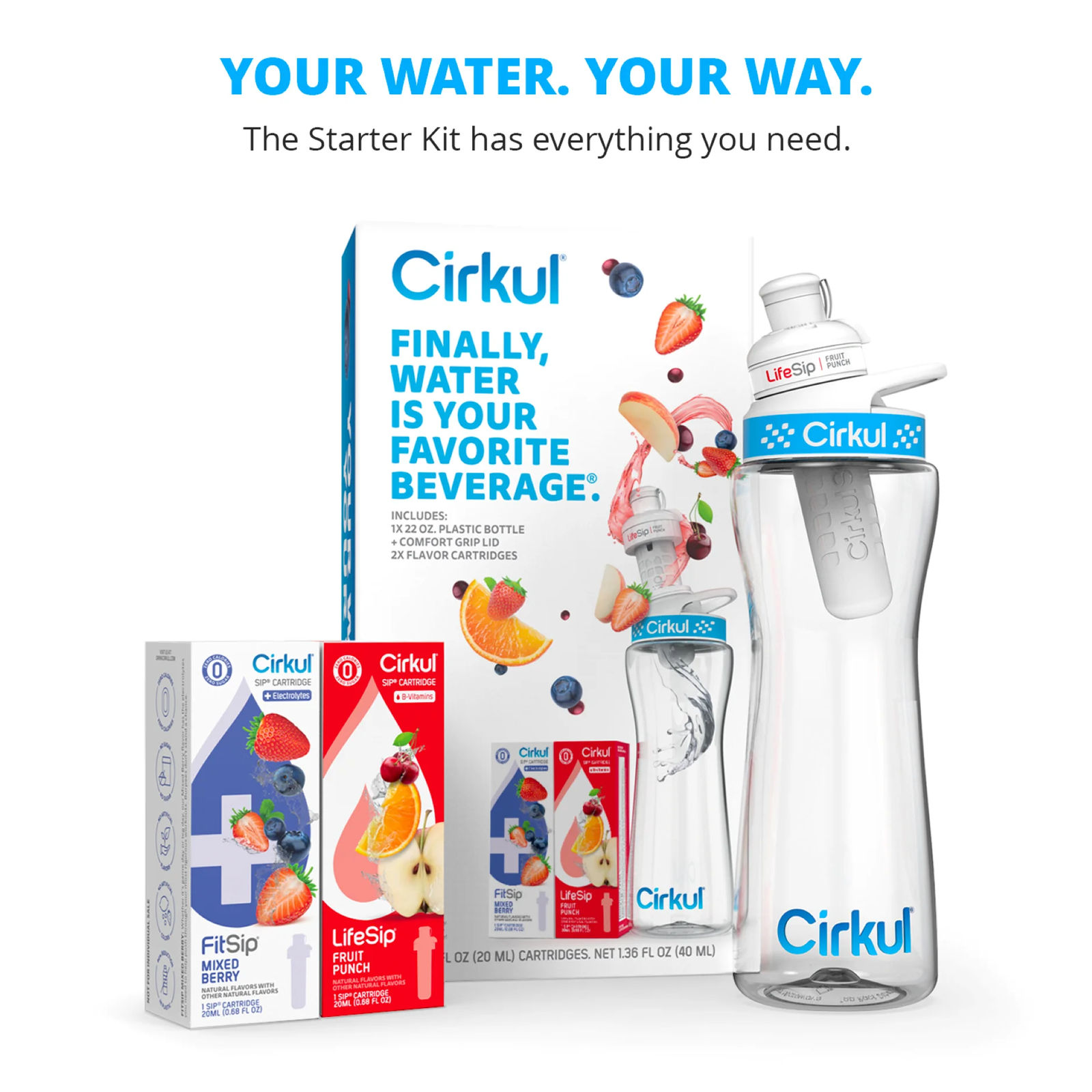 22 Oz Plastic Water Bottle Starter Kit with Blue Lid and 2 Flavor Cartridges (Fr