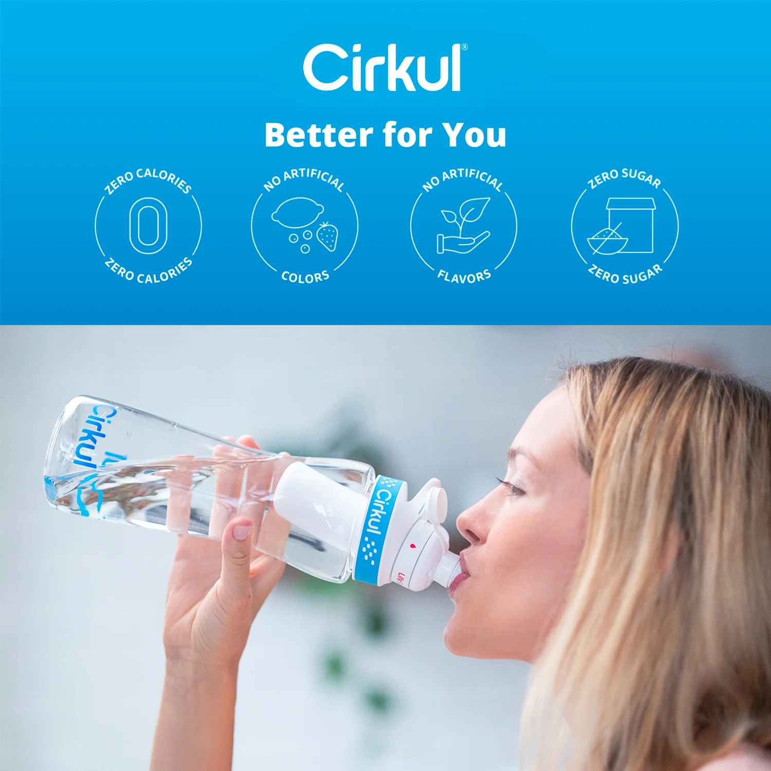 22 Oz Plastic Water Bottle Starter Kit with Blue Lid and 2 Flavor Cartridges (Fr