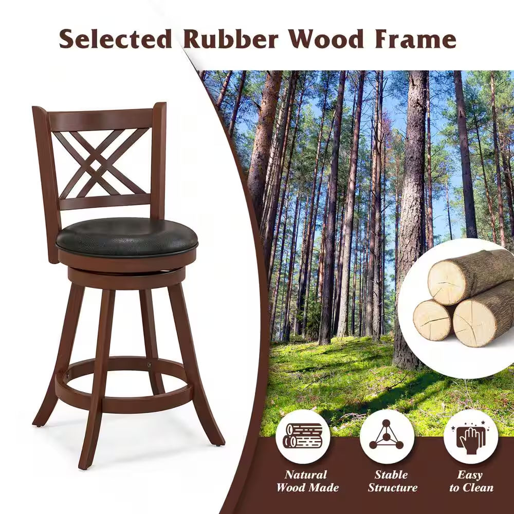 24 In. Brown High Back Wood Swivel Bar Stool Counter Stool with Faux Leather Sea