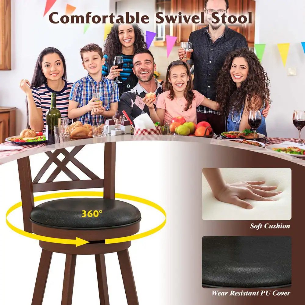 24 In. Brown High Back Wood Swivel Bar Stool Counter Stool with Faux Leather Sea