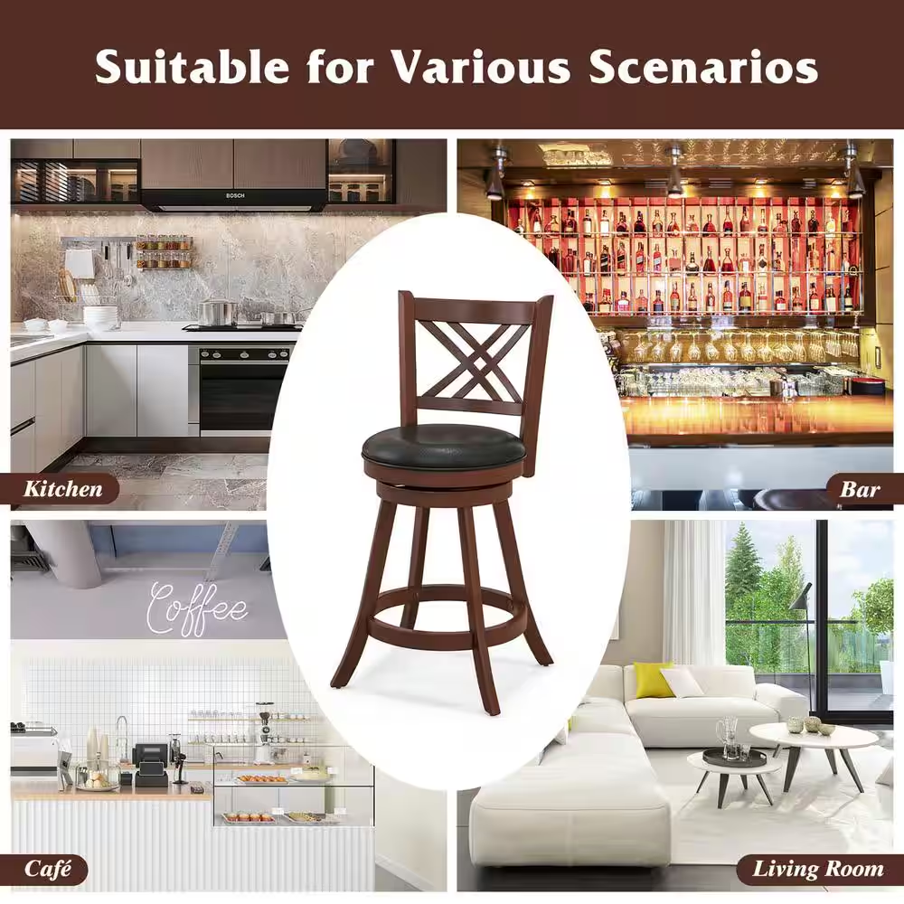 24 In. Brown High Back Wood Swivel Bar Stool Counter Stool with Faux Leather Sea