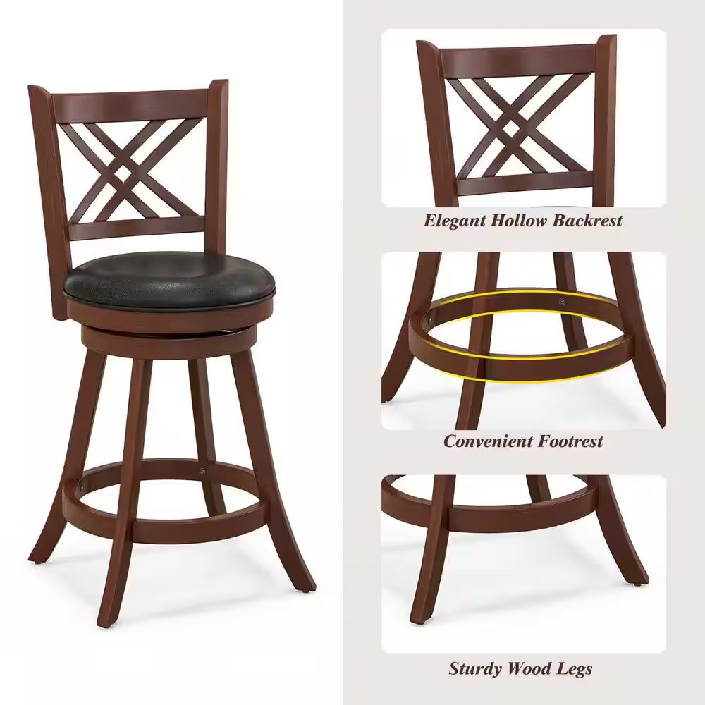 24 In. Brown High Back Wood Swivel Bar Stool Counter Stool with Faux Leather Sea