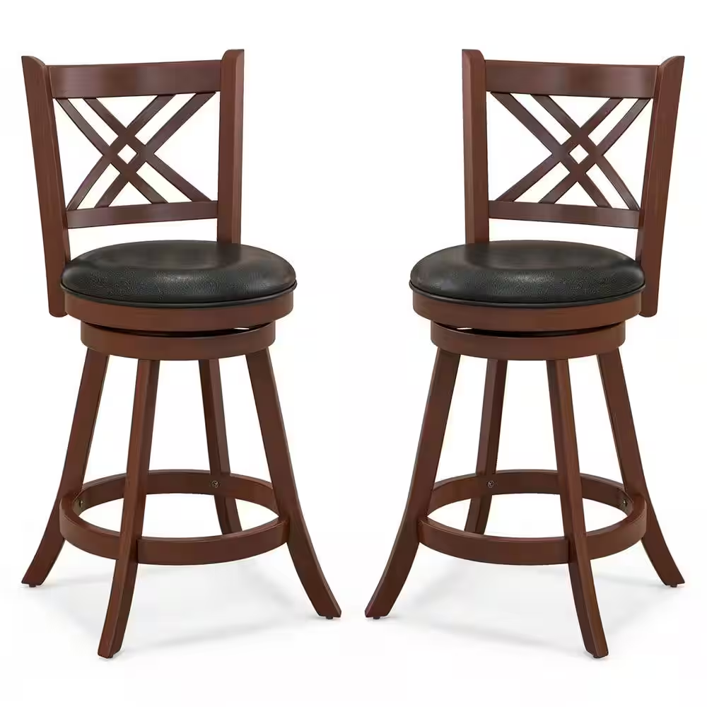 24 In. Brown High Back Wood Swivel Bar Stool Counter Stool with Faux Leather Sea