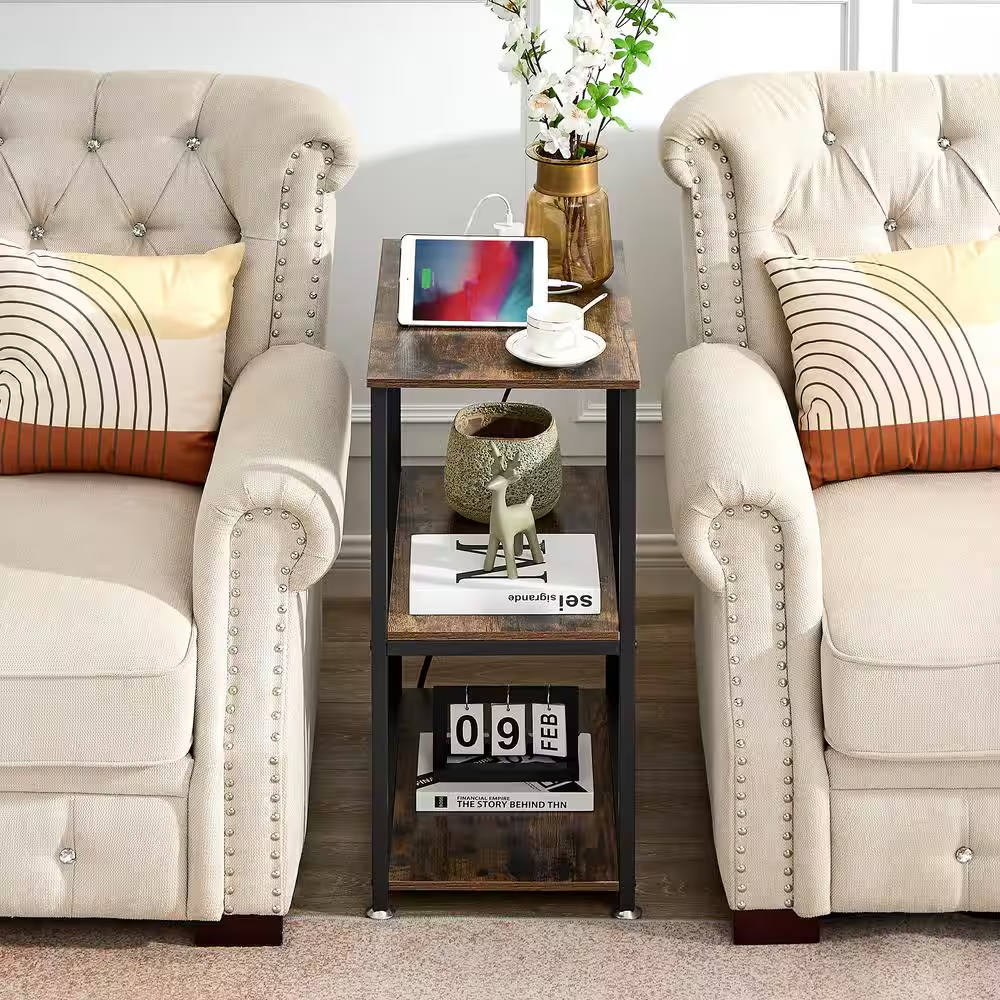 3-Tier Brown Side Table Stable Open Shelves with Metal Frames, End Table with Pl