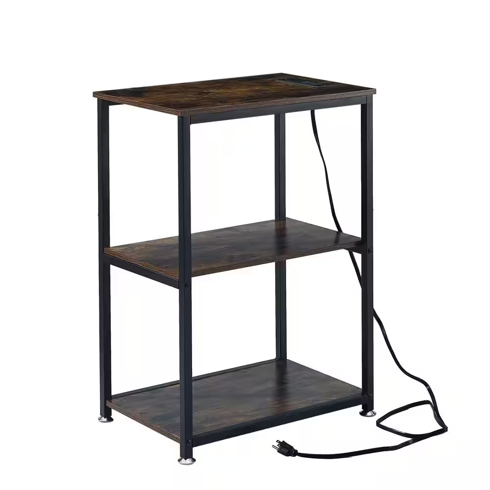 3-Tier Brown Side Table Stable Open Shelves with Metal Frames, End Table with Pl