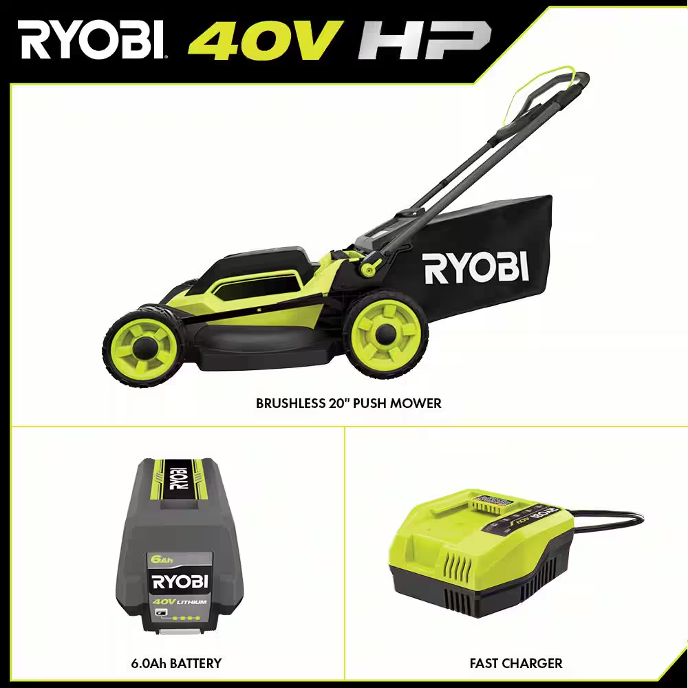 40V HP Brushless 20 In. Cordless Battery Walk behind Push Lawn Mower with 6.0 Ah
