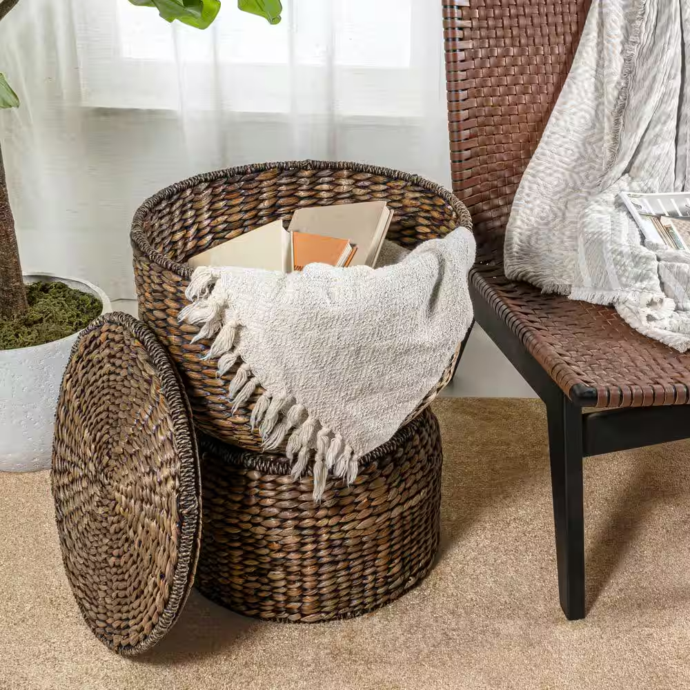 Bhola 18 In. Hourglass Handwoven Hyacinth Storage Accent Table with Lid, Brown W