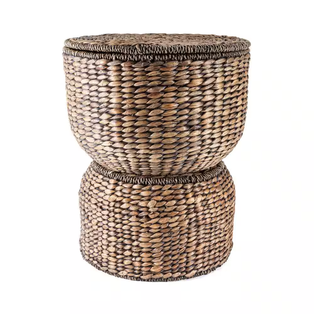 Bhola 18 In. Hourglass Handwoven Hyacinth Storage Accent Table with Lid, Brown W