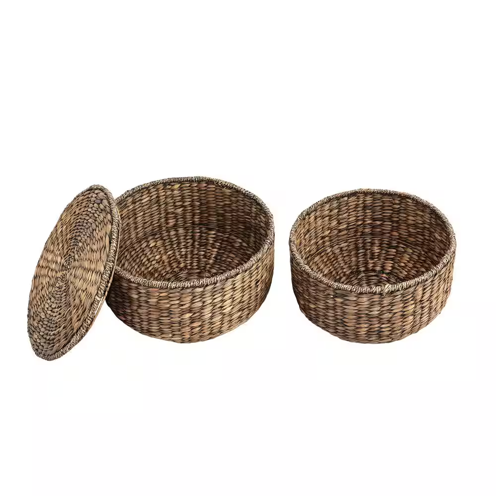Bhola 18 In. Hourglass Handwoven Hyacinth Storage Accent Table with Lid, Brown W