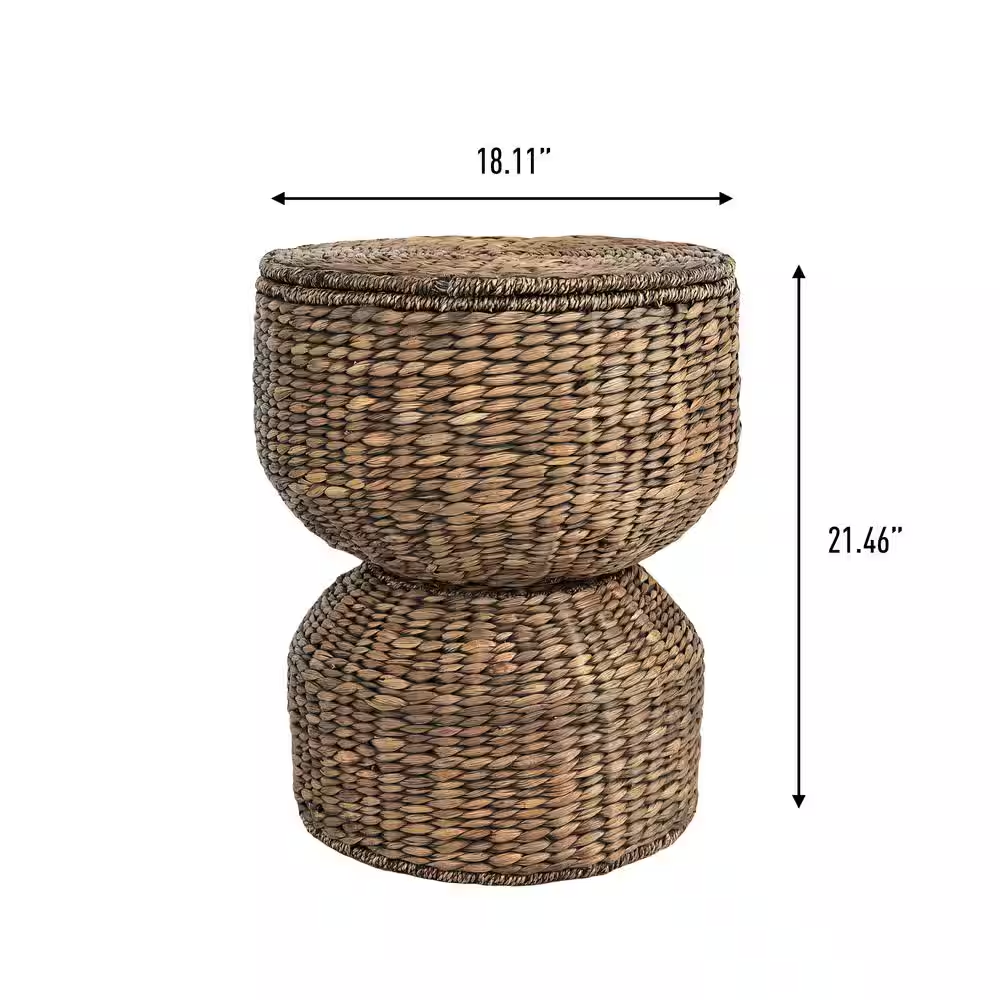 Bhola 18 In. Hourglass Handwoven Hyacinth Storage Accent Table with Lid, Brown W