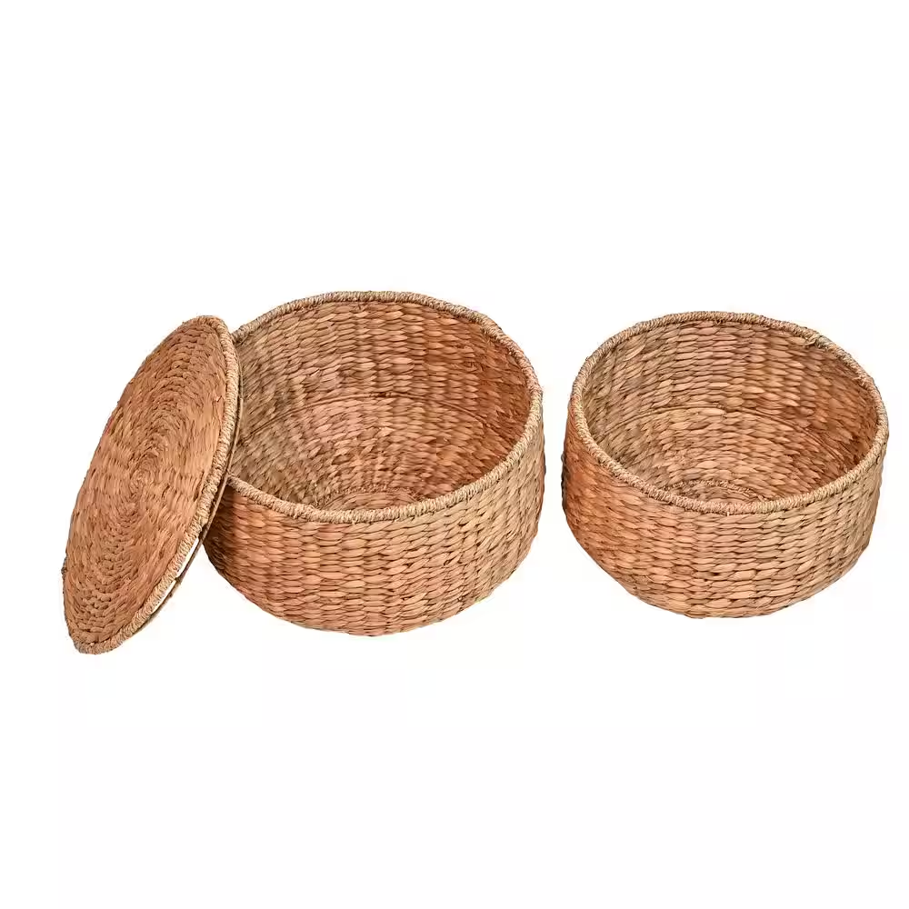 Bhola 18 In. Hourglass Handwoven Hyacinth Storage Accent Table with Lid, Natural