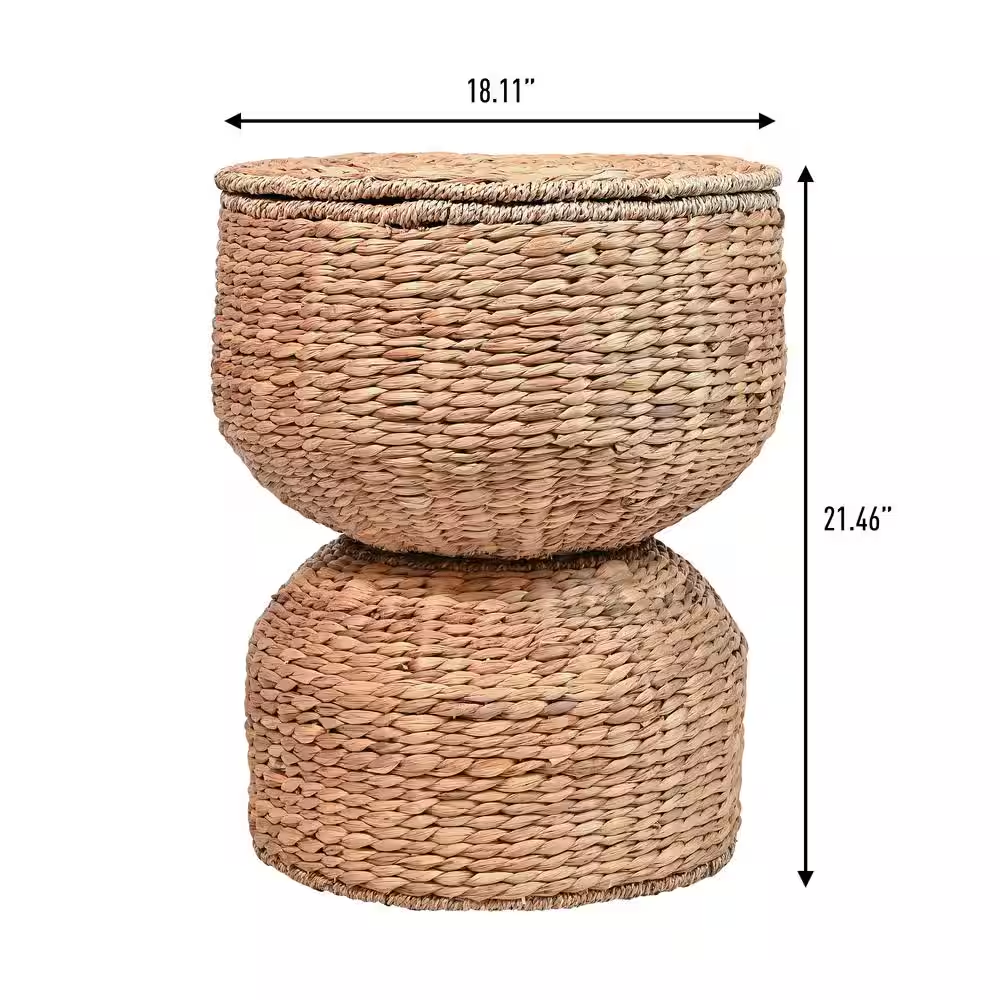 Bhola 18 In. Hourglass Handwoven Hyacinth Storage Accent Table with Lid, Natural