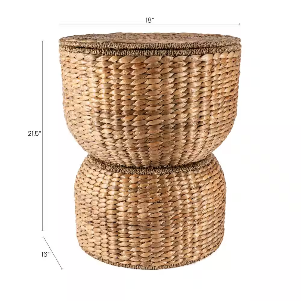Bhola 18 In. Hourglass Handwoven Hyacinth Storage Accent Table with Lid, Natural