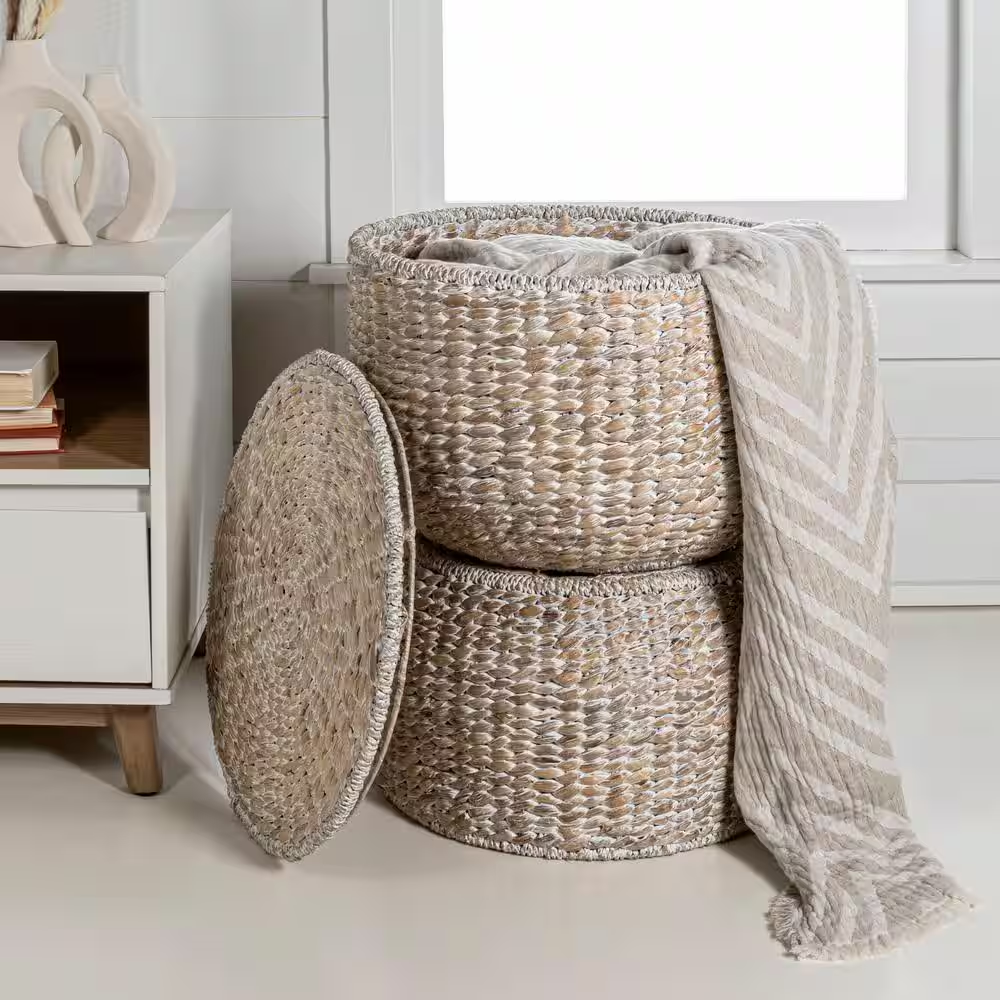 Bhola 18 In. Hourglass Handwoven Hyacinth Storage Accent Table with Lid, White W