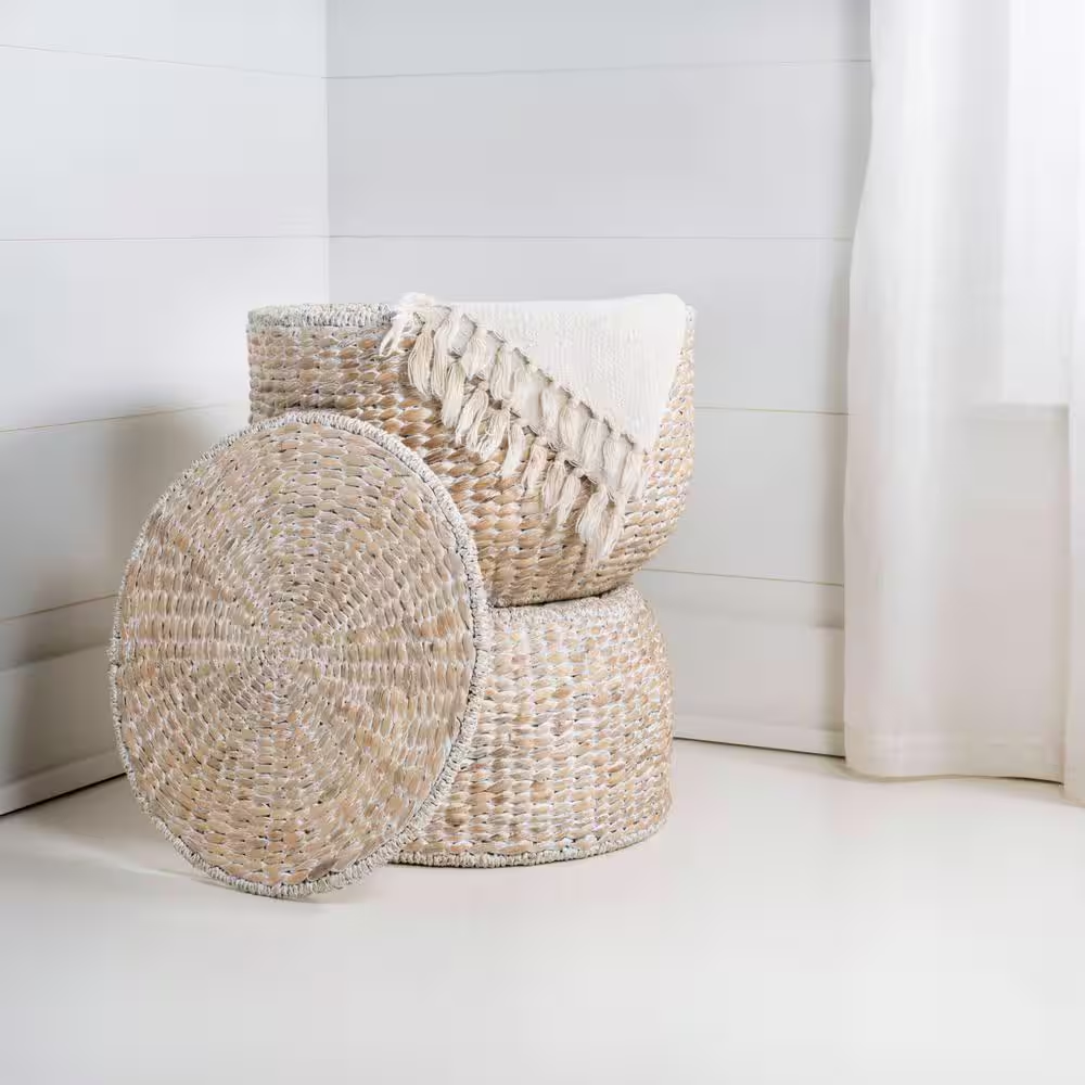 Bhola 18 In. Hourglass Handwoven Hyacinth Storage Accent Table with Lid, White W