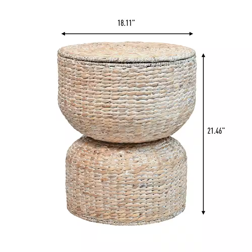 Bhola 18 In. Hourglass Handwoven Hyacinth Storage Accent Table with Lid, White W