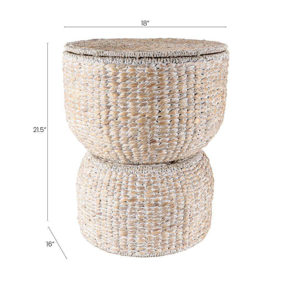 Bhola 18 In. Hourglass Handwoven Hyacinth Storage Accent Table with Lid, White W