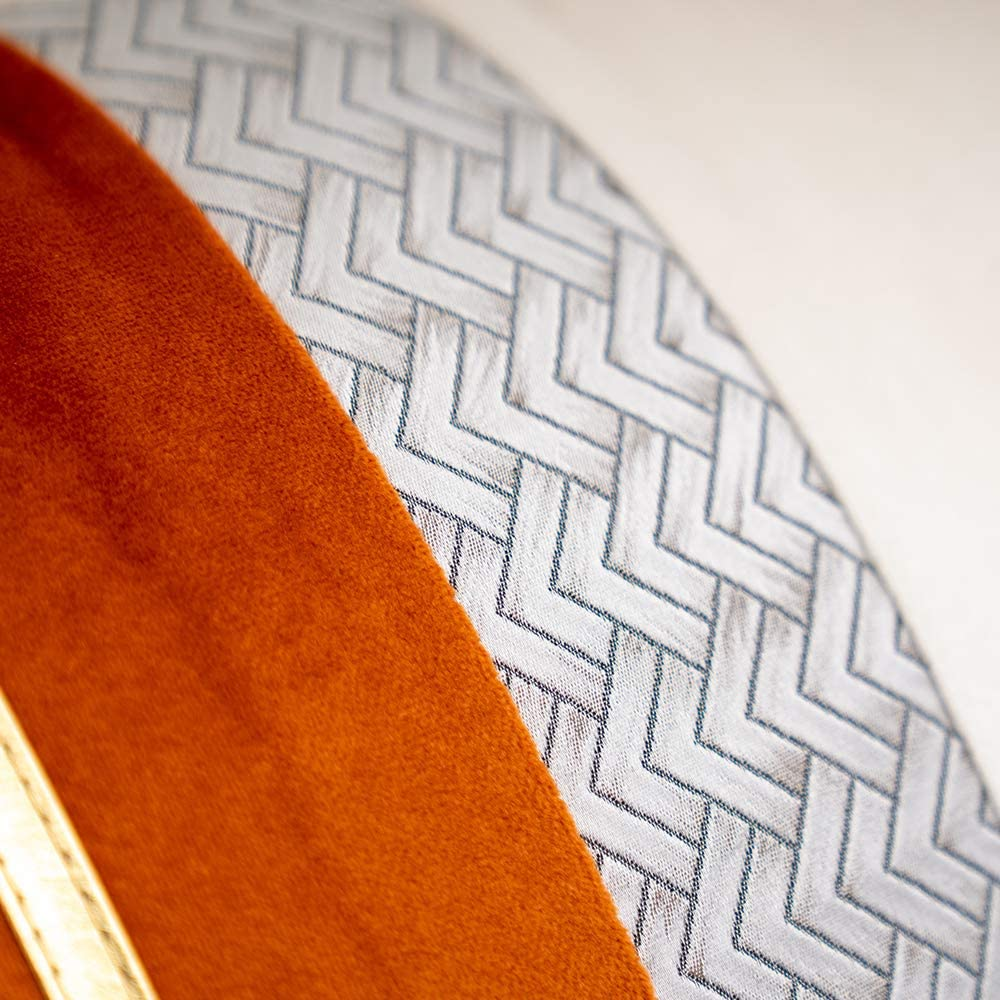 Burnt Orange Patchwork Velvet Throw Pillow Cover with Gold Striped Leather Cushi